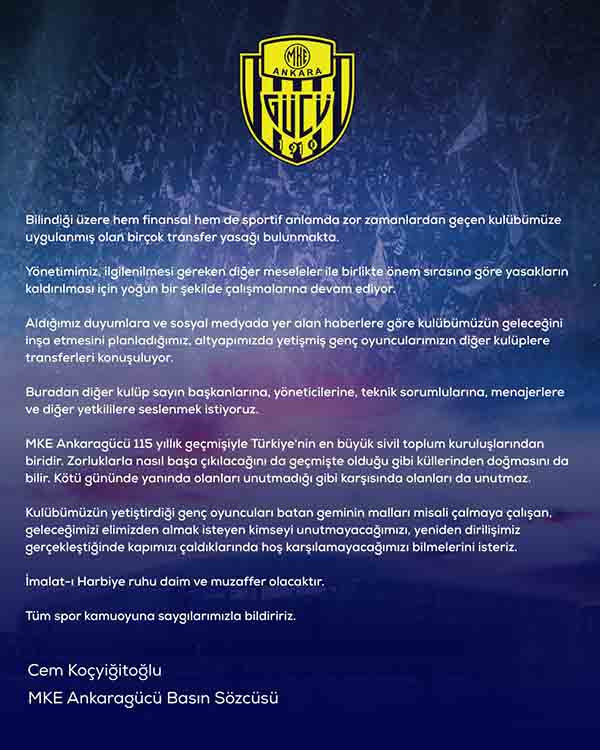 Ankaragücü'nden genç oyunculara kanca atan kulüplere tepki