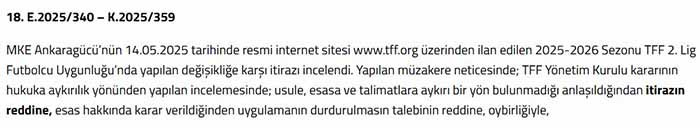 Tahkim Kurulu, Ankaragücü'nün yabancı oyuncu başvurusunu reddetti
