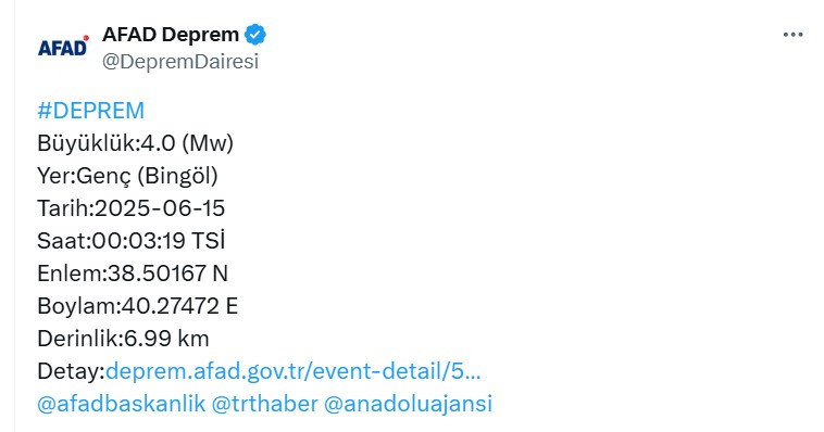 AFAD Bingöl Genç'te 4 büyüklüğünde deprem olduğunu duyurdu