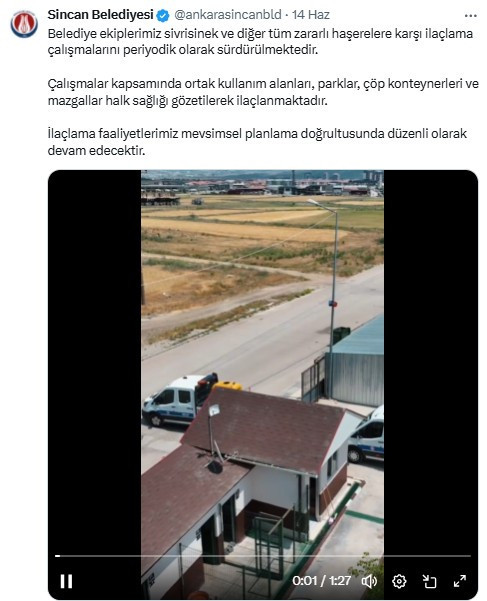 Sincan Belediyesi ortak kullanım alanlarını ilaçlamaya devam ediyor