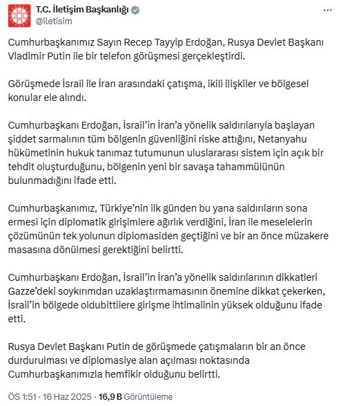 Cumhurbaşkanı Erdoğan ile Rusya Devlet Başkanı Putin telefonda görüştü