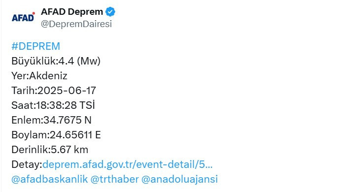 Akdeniz depremle sallandı, AFAD şiddetini açıkladı!