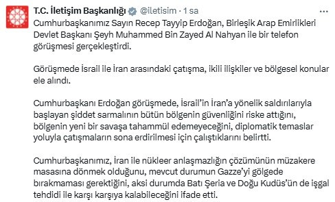 Cumhurbaşkanı Erdoğan ve BAE Devlet Başkanı Al Nahyan telefonda görüşme gerçekleştirdi
