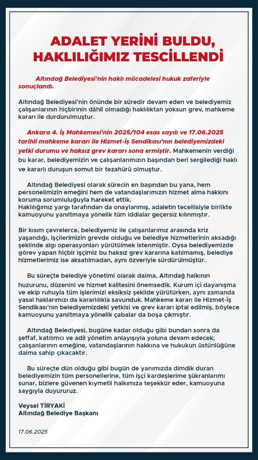 Altındağ Belediyesi önündeki grev mahkeme kararıyla durduruldu: 'Haklılığımız tescillendi'