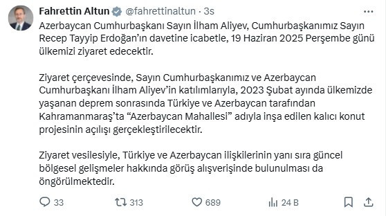 Aliyev, Cumhurbaşkanı Erdoğan'ın davetine icabetle Türkiye'ye gelecek