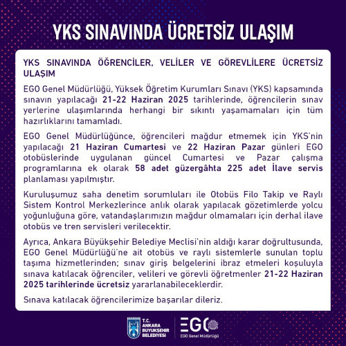 Ankara Büyükşehir Belediyesi YKS sınavına girecek öğrencilere ulaşımı bedava yaptı