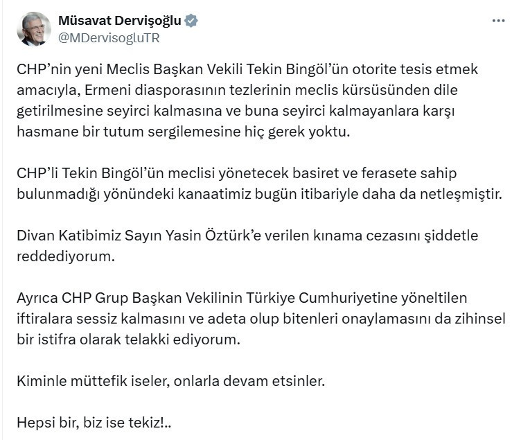 Müsavat Dervişoğlu'ndan CHP'li Meclis Başkan Vekili Tekin Bingöl'e tepki