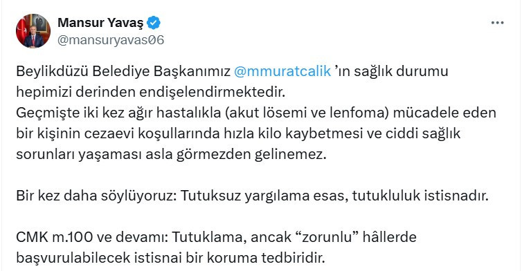 Mansur Yavaş: Murat Çalık'ın sağlık durumu hepimizi endişelendiriyor