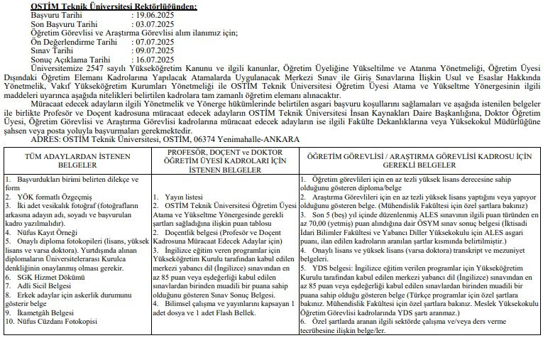 Ostim Teknik Üniversitesi öğretim üyesi ve araştırma görevlisi alım ilanı yayımladı