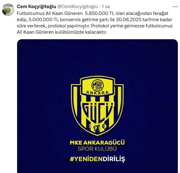MKE Ankaragücü takımı Ali Kaan Güneren ile protokol imzaladı