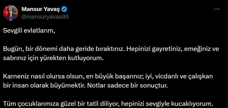Mansur Yavaş'tan öğrencilere karne mesajı: Hepinizi yürekten kutluyorum