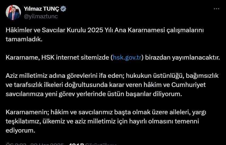 Adalet Bakanı duyurdu: Hâkimler ve Savcılar Kurulu 2025 Yılı Ana Kararnamesi açıklandı