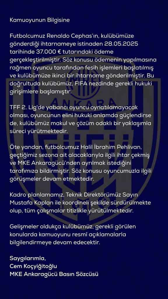 MKE Ankaragücü'nden Renaldo Cephas ve Halil İbrahim Yılmaz hakkında önemli açıklama