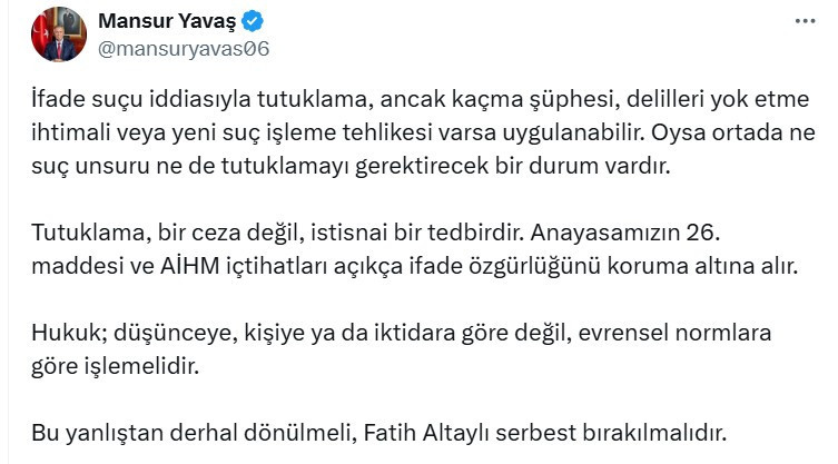 Mansur Yavaş: Yanlıştan dönülmeli, Fatih Altaylı derhal serbest bırakılmalı