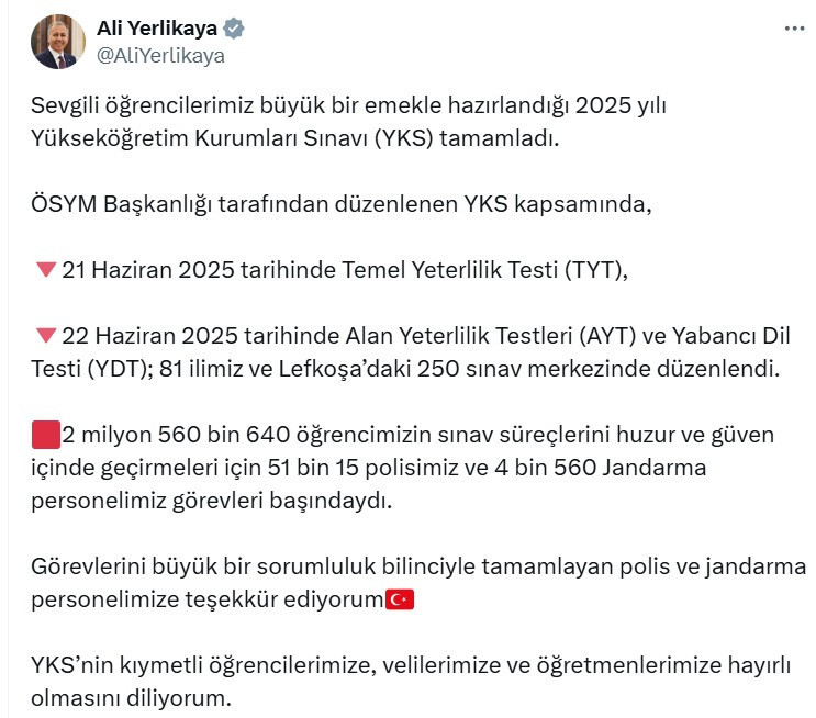 Bakan Ali Yerlikaya YKS'de görev yapan polis ve jandarma sayısını açıkladı