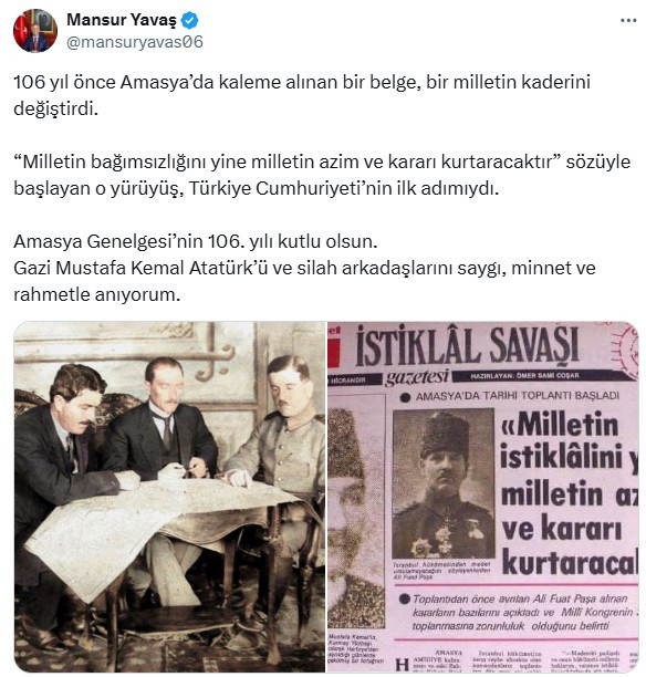 ABB Başkanı Yavaş: 'Amasya Genelgesi'nin 106. yılı kutlu olsun!'
