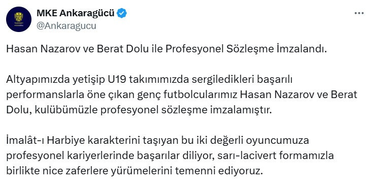 MKE Ankaragücü altyapıdan iki futbolcuyla sözleşme imzaladı