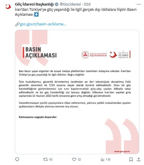Göç İdaresi Başkanlığı'ndan İran'dan Türkiye'ye göç yaşandığı iddialarına yalanlama
