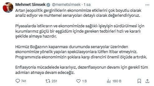 Mehmet Şimşek'ten Hürmüz Boğazı açıklaması! 'Senaryoları değerlendiriyoruz'