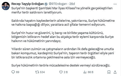 Cumhurbaşkanı Erdoğan'dan Şam'daki kilise saldırısına kınama mesajı!