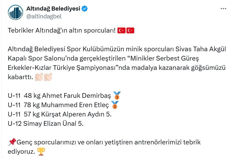 Altındağ Belediyesi'nin minik sporcuları Sivas'tan madalyalarla dönüyorlar