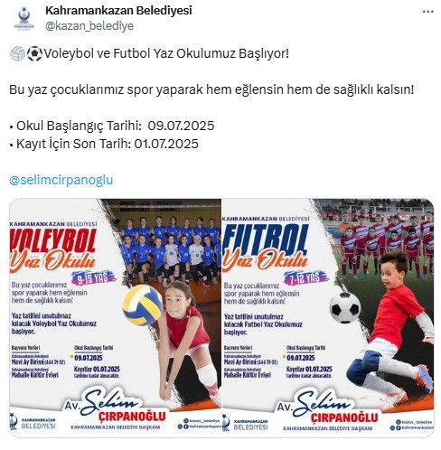 Kahramankazan Belediyesi'nin Voleybol ve Futbol Yaz Okulu kayıtları başladı