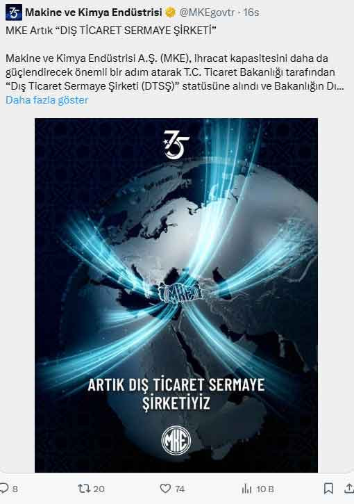 Ankaralı MKE, 'Dış Ticaret Sermaye Şirketi' statüsüne alındı