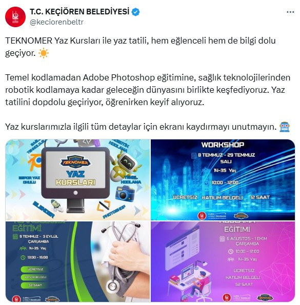 Keçiören Belediyesi 14-35 yaş arası kişilere ücretsiz kurs verecek!