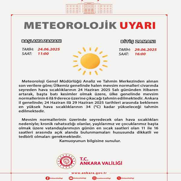Ankara Valiliği'nden alarm: 11:00'de başladı 29 Haziran'a kadar sürecek bu saatlere dikkat