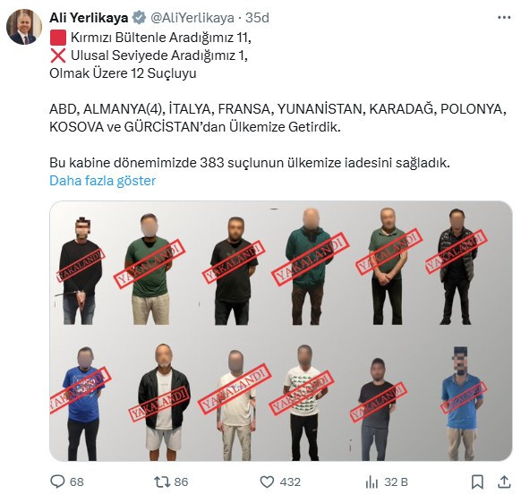 Bakan Yerlikaya açıkladı: Kırmızı bültenle aranan 11 suçlu ülkeye getirildi