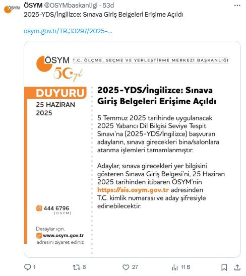 ÖSYM duyurdu: YDS/İngilizce giriş belgeleri adayların erişimine açıldı