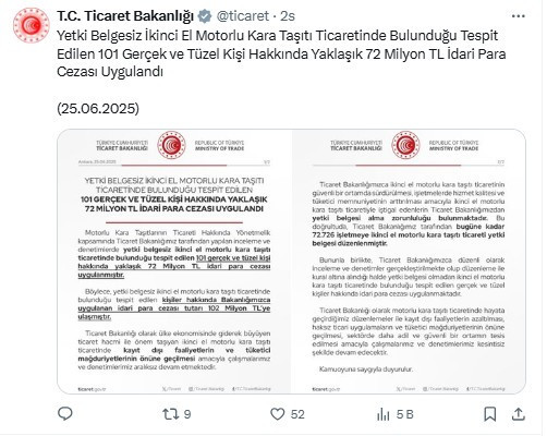 Yetki belgesiz ikinci el araç satışı yapanlara 72 milyon TL ceza kesildi