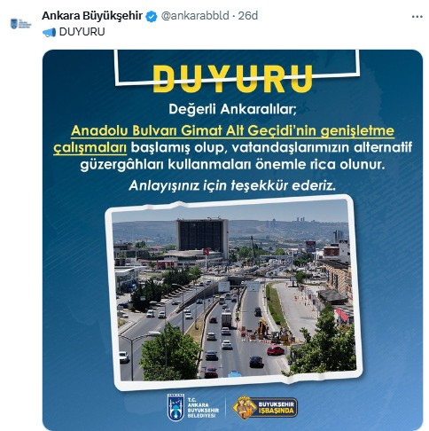 ABB, Anadolu Bulvarı Gimat Alt Geçidi'nin genişletme çalışmalarının başladığını duyurdu!
