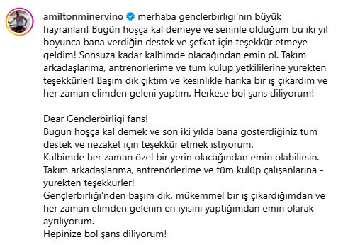 Sözleşmesi sona eren Amilton, Gençlerbirliği'ne veda etti
