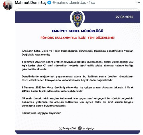 EGM römork düzenlemesine ilişkin detayları aktardı