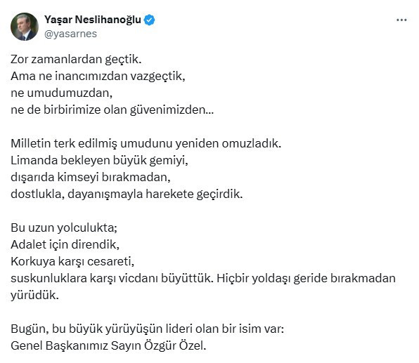 Yaşar Neslihanoğlu'ndan Özgür Özel'e destek mesajı!