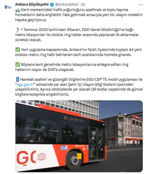 Ankara'da 1 Temmuz'dan itibaren ücretsiz aktarma uygulaması başlayacak