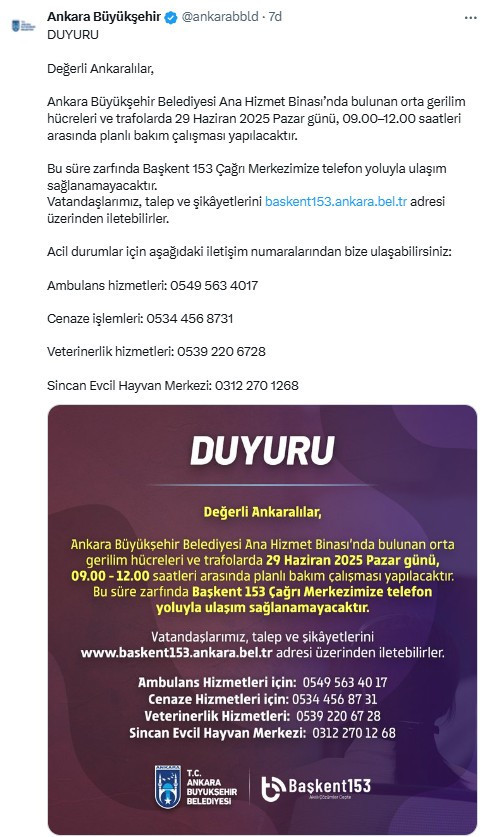ABB'den 29 Haziran Pazar günü için planlı bakım çalışması duyurusu!
