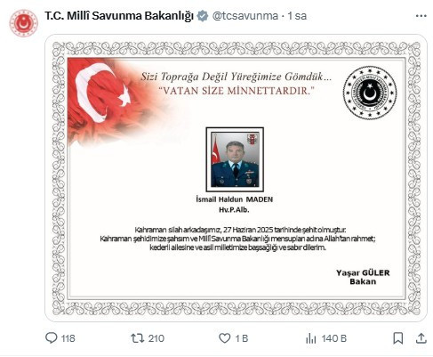 MSB, Libya'da görevli askerimizin şehit olduğunu duyurdu