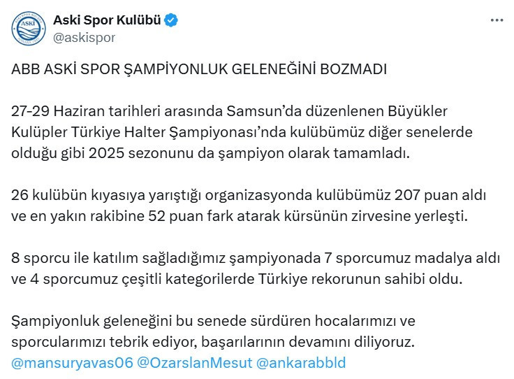Türkiye Halter Şampiyonası'nda ASKİ Spor şampiyonluğa ambargo koydu