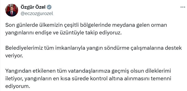 Özgür Özel CHP'li belediyelerin yangın söndürme çalışmalarına destek verdiğini açıkladı