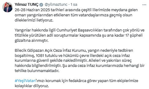 Bakan Tunç, devam eden yangınlara ilişkin açıklamalarda bulundu