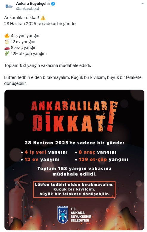 ABB: 'Son 24 saatte Ankara'da 153 yangın meydana geldi'