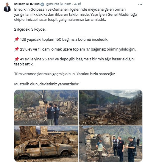 Bakan Kurum'dan Bilecik'teki yangına ilişkin açıklama: 'Yaraları hızla saracağız'
