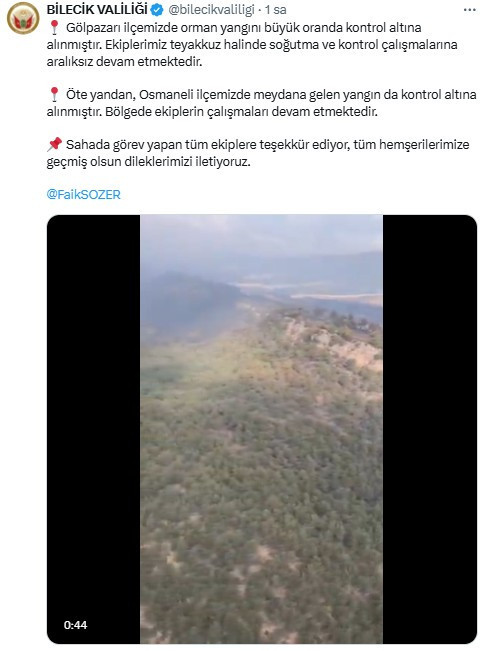 Bilecik Valiliği, yangının büyük oranda kontrol altına alındığını açıkladı