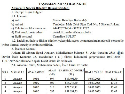 Sincan Belediyesi, arsa satış ihalesi düzenleneceğini duyurdu