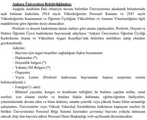 Ankara Üniversitesi öğretim üyesi alım ilanı yayımlandı