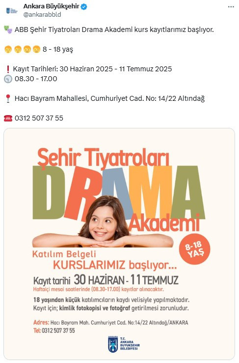 Ankara Büyükşehir Belediyesi'nden Drama Akademi kurs kayıtları duyurusu