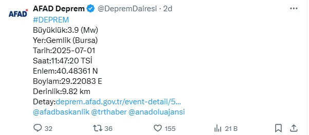 AFAD son dakika Bursa deprem: İstanbul  Kocaeli Yalova Gebze Darıca İzmir sallandı - Resim : 2
