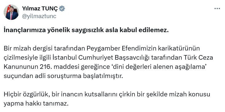 Adalet Bakanı Tunç: Bu çirkin karikatürle ilgili soruşturma başlatıldı